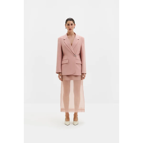 By Malina Sanna Straight Sheer Midi Skirt in Soft Pink | Midi Skirts | Coveti
