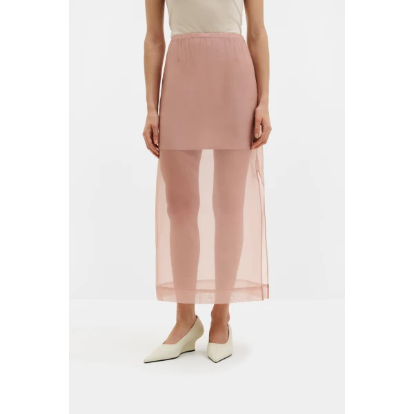 By Malina Sanna Straight Sheer Midi Skirt in Soft Pink | Midi Skirts | Coveti