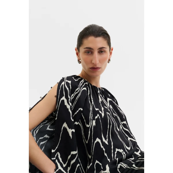 By Malina Sophie Button Detail Gathered Blouse in Black Marble | Blouse | Coveti