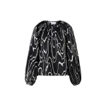 By Malina Sophie Button Detail Gathered Blouse in Black Marble | Blouse | Coveti
