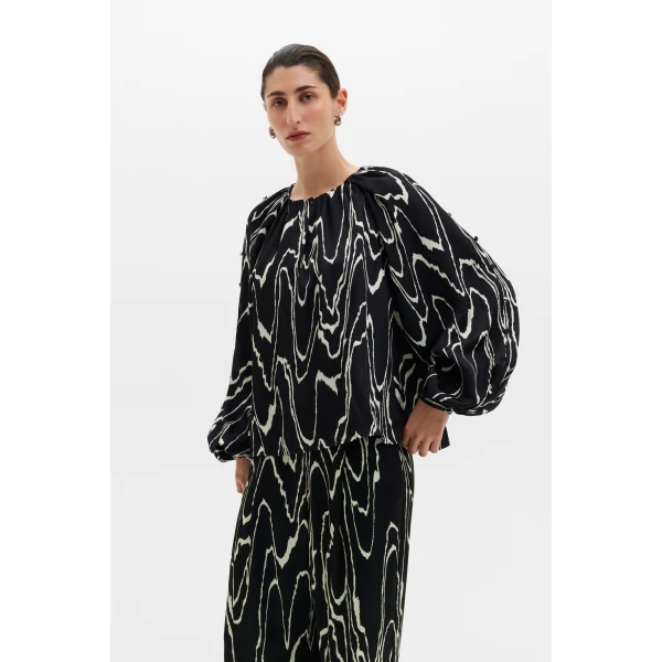 By Malina Sophie Button Detail Gathered Blouse in Black Marble | Blouse | Coveti