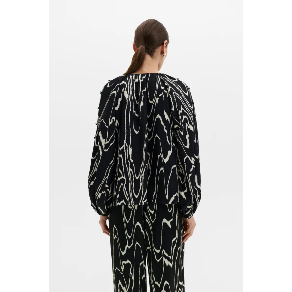 By Malina Sophie Button Detail Gathered Blouse in Black Marble | Blouse | Coveti