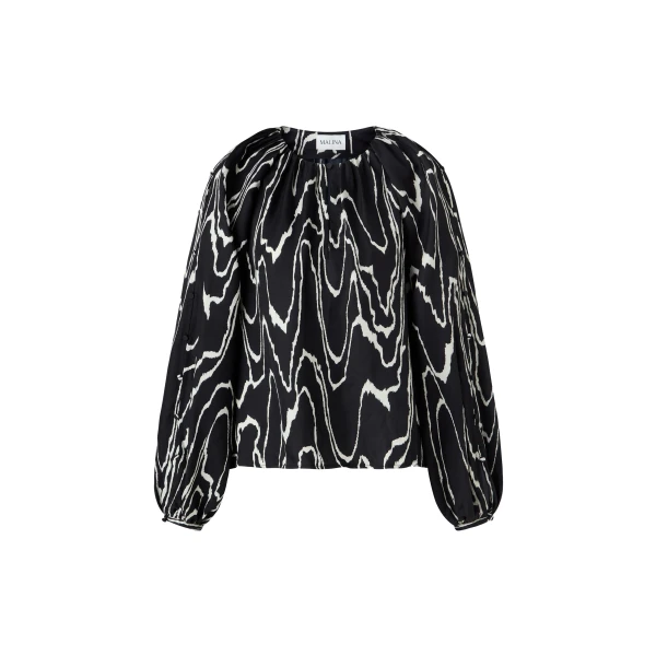 By Malina Sophie Button Detail Gathered Blouse in Black Marble | Blouse | Coveti