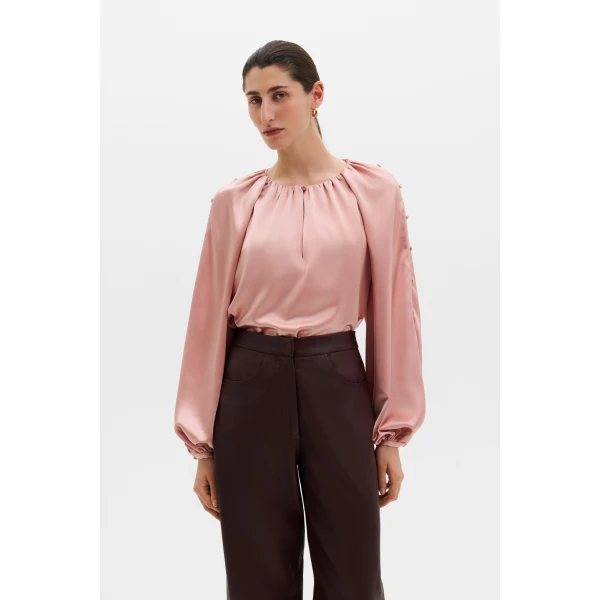 By Malina Sophie Button Detail Gathered Blouse in Soft Pink | Blouse | Coveti