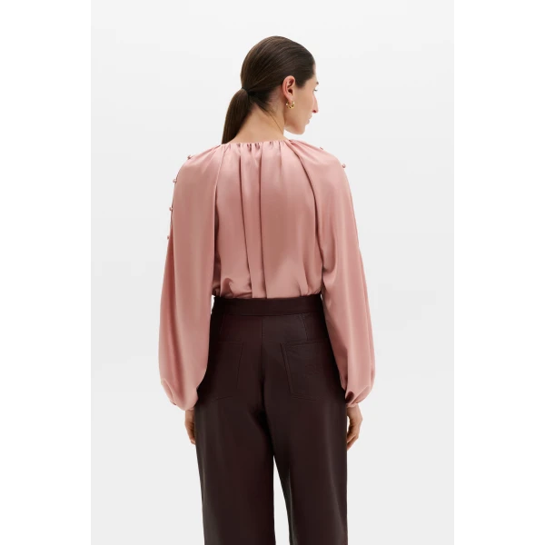 By Malina Sophie Button Detail Gathered Blouse in Soft Pink | Blouse | Coveti