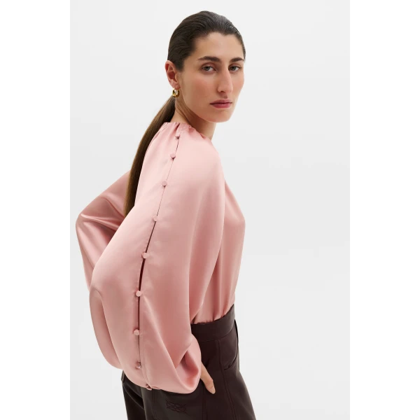 By Malina Sophie Button Detail Gathered Blouse in Soft Pink | Blouse | Coveti