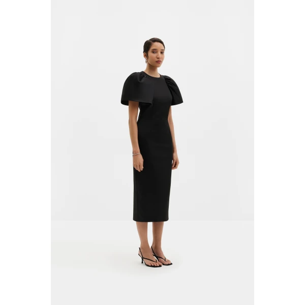 By Malina Zindy Fitted Pouf Sleeve Midi Dress in Black | Midi Dresses | Coveti