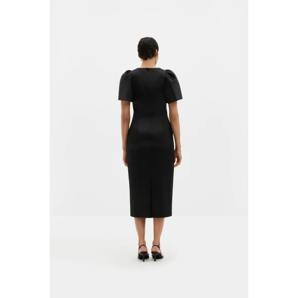 By Malina Zindy Fitted Pouf Sleeve Midi Dress in Black | Midi Dresses | Coveti