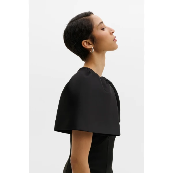 By Malina Zindy Fitted Pouf Sleeve Midi Dress in Black | Midi Dresses | Coveti