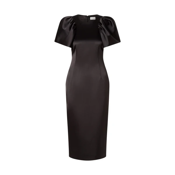 Zindy Fitted Pouf Sleeve Midi Dress in Black