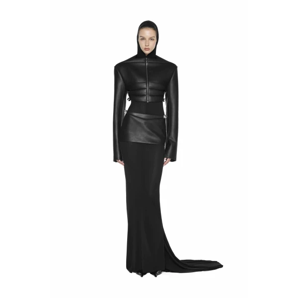 CHATS by C.Dam Sabry Leather Jacket and Skirt Set in Black, view 2
