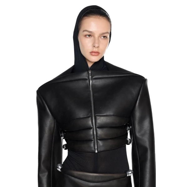 CHATS by C.Dam Sabry Leather Jacket and Skirt Set in Black, view 5