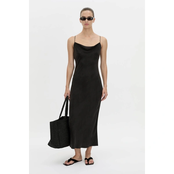Camilla and Marc Allegro Satin Bias Midi Dress in Washed Black, view 2 | Midi Dresses | Coveti