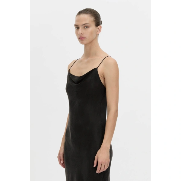 Camilla and Marc Allegro Satin Bias Midi Dress in Washed Black, view 3 | Midi Dresses | Coveti