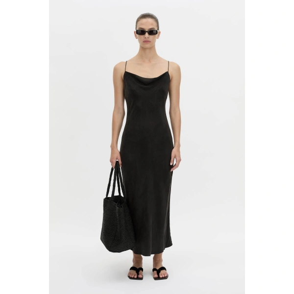 Camilla and Marc Allegro Satin Bias Midi Dress in Washed Black, view 4 | Midi Dresses | Coveti