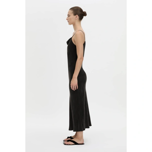 Camilla and Marc Allegro Satin Bias Midi Dress in Washed Black, view 5 | Midi Dresses | Coveti