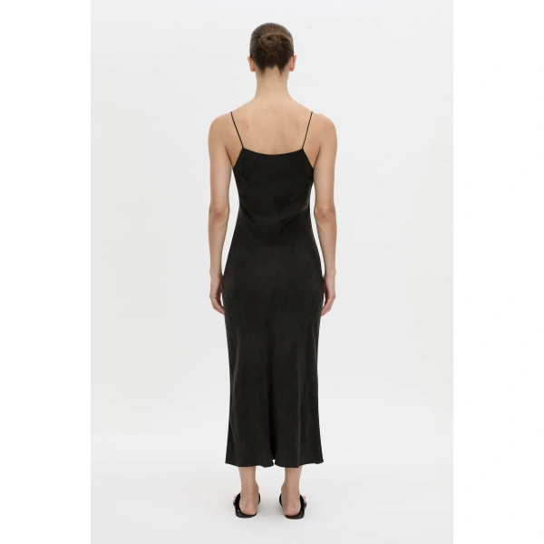 Camilla and Marc Allegro Satin Bias Midi Dress in Washed Black, view 6 | Midi Dresses | Coveti