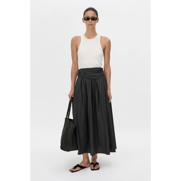 Camilla and Marc Milo Gathered Skirt W/belt in Black, view 2 | Midi Skirts | Coveti