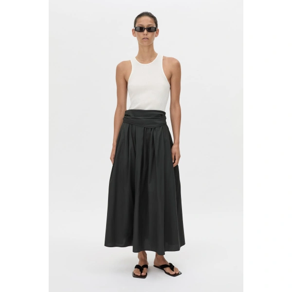 Camilla and Marc Milo Gathered Skirt W/belt in Black, view 5 | Midi Skirts | Coveti