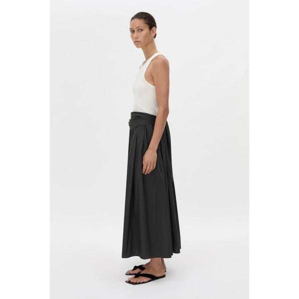 Camilla and Marc Milo Gathered Skirt W/belt in Black, view 6 | Midi Skirts | Coveti