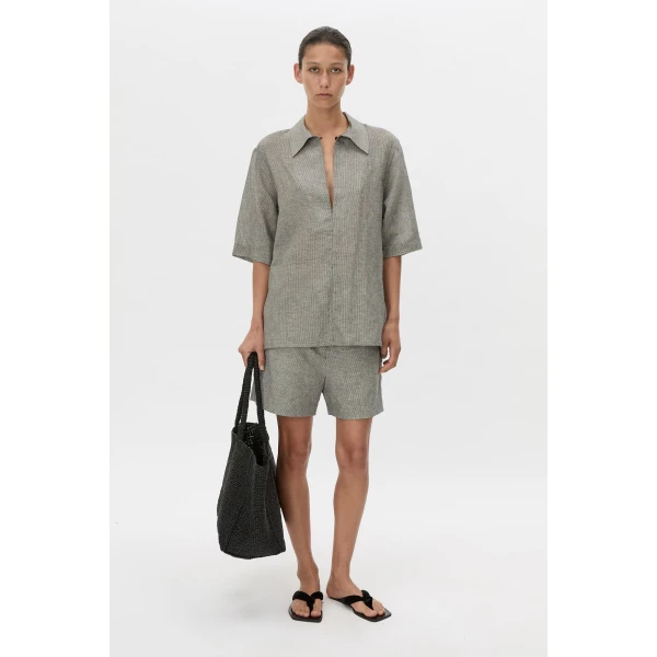 Camilla and Marc Phostre Stripe Linen Collared Top in Black and White, view 2 | Shirts | Coveti