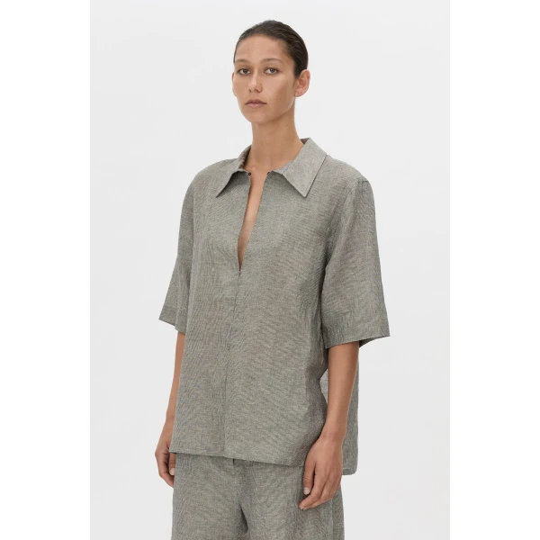 Camilla and Marc Phostre Stripe Linen Collared Top in Black and White, view 3 | Shirts | Coveti