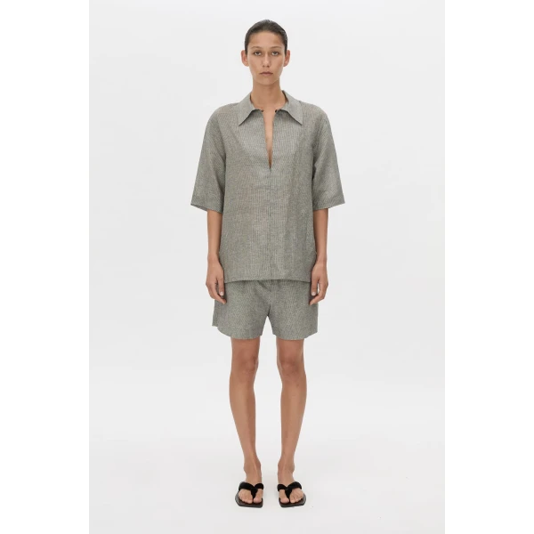 Camilla and Marc Phostre Stripe Linen Collared Top in Black and White, view 4 | Shirts | Coveti