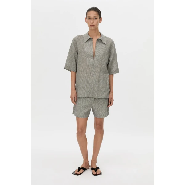 Camilla and Marc Phostre Stripe Linen Collared Top in Black and White, view 5 | Shirts | Coveti