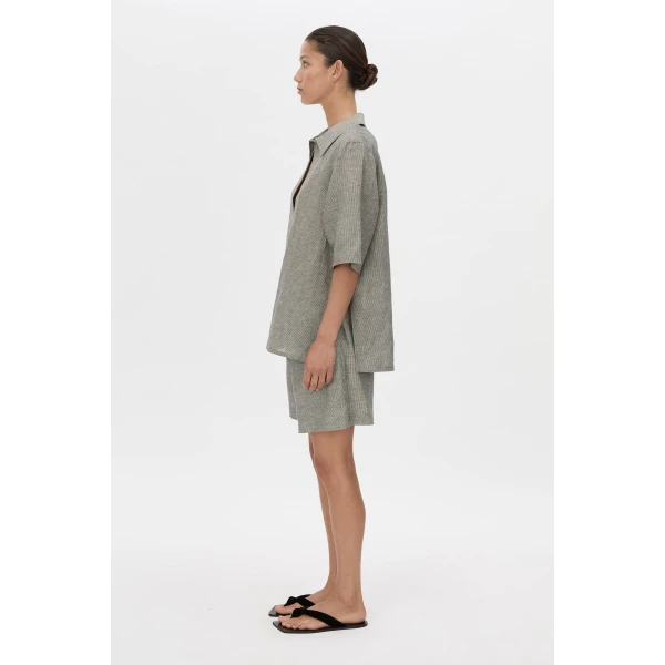 Camilla and Marc Phostre Stripe Linen Collared Top in Black and White, view 6 | Shirts | Coveti
