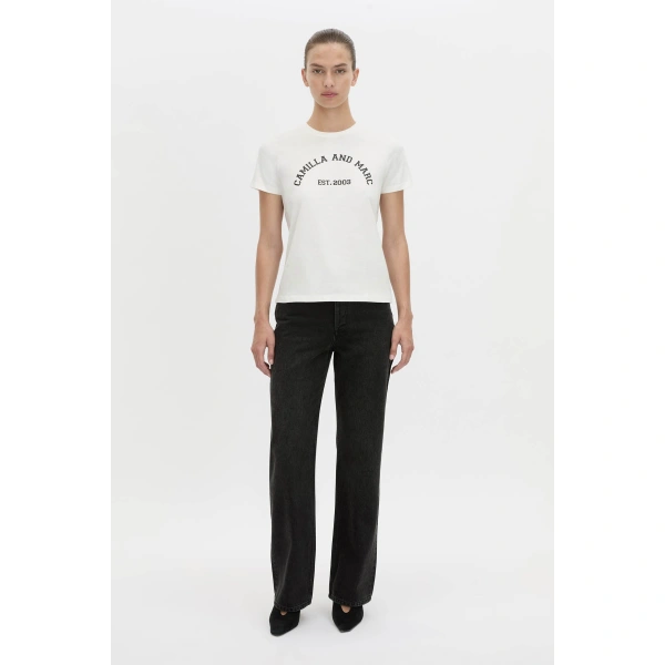 Camilla and Marc Sparrow Graphic Neat Fit Tee in Soft White and Black, view 2 | T-shirts | Coveti