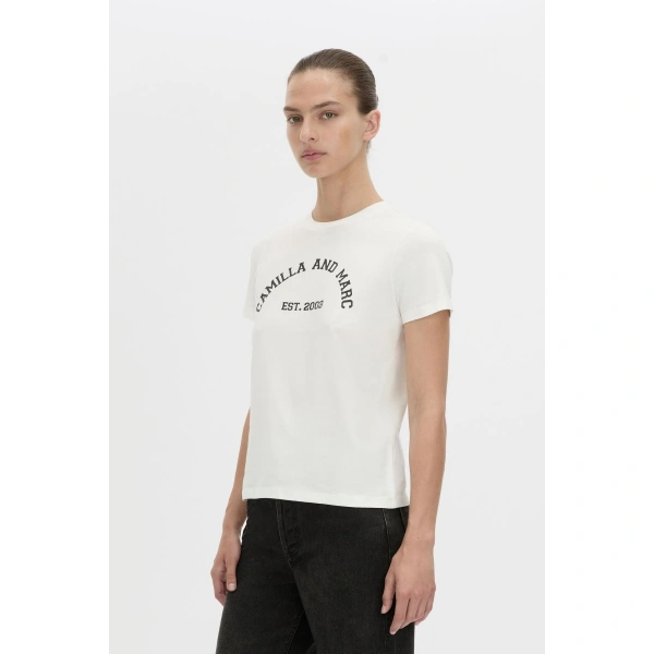 Camilla and Marc Sparrow Graphic Neat Fit Tee in Soft White and Black, view 3 | T-shirts | Coveti