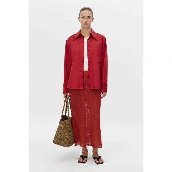 Camilla and Marc Viele Textured Bias Skirt in Burnt Red, view 2 | Midi Skirts | Coveti