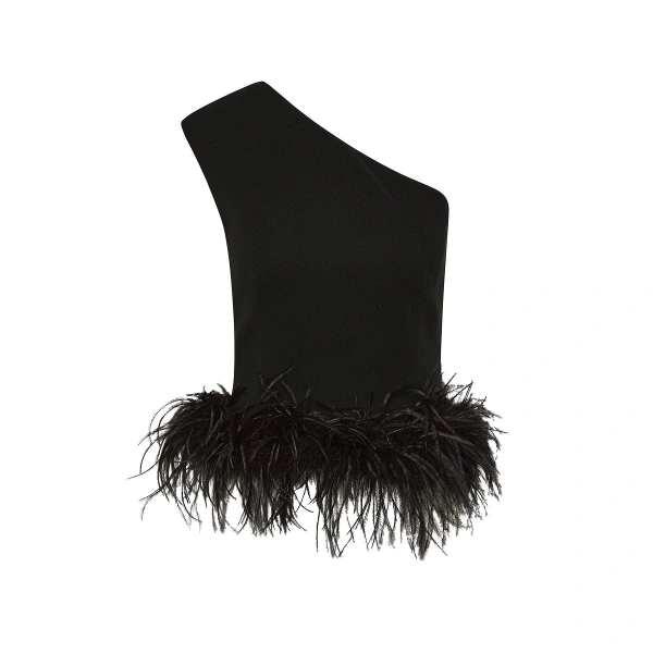 Black Crepe Cropped Feather Trimmed Bodice