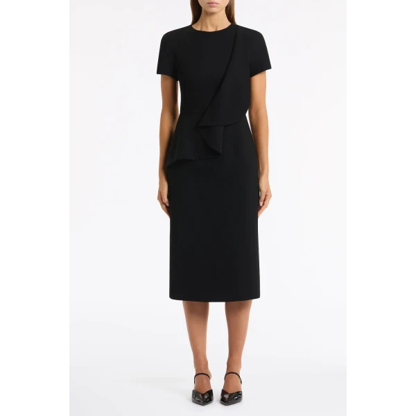 Carla Zampatti Black Crepe Drape Peplum Midi Dress | Midi Dresses | Coveti
