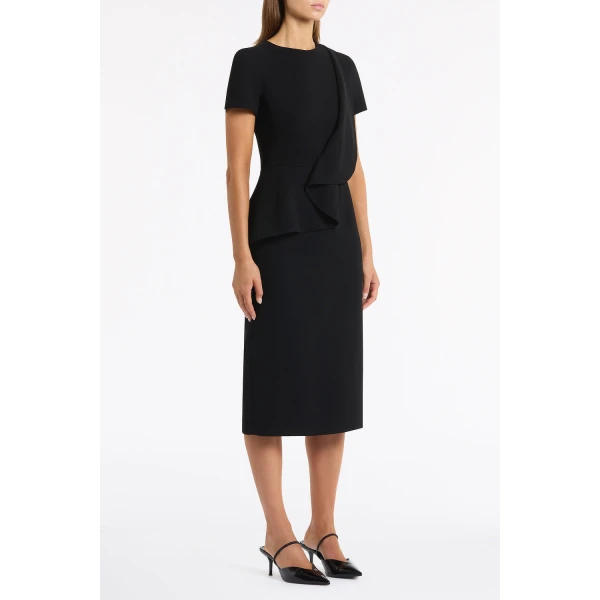 Carla Zampatti Black Crepe Drape Peplum Midi Dress | Midi Dresses | Coveti