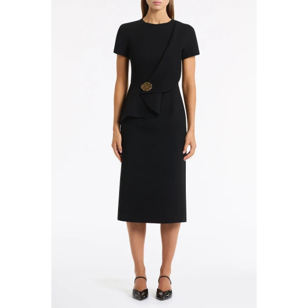 Carla Zampatti Black Crepe Drape Peplum Midi Dress | Midi Dresses | Coveti