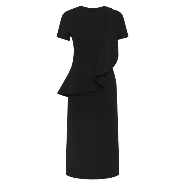 Black Crepe Drape Peplum Midi Dress