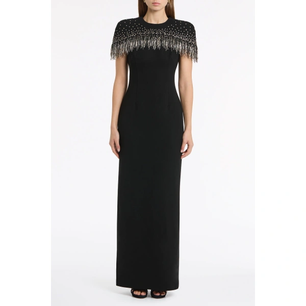 Carla Zampatti Black Crepe Fringe Cape Gown | Evening Gowns | Coveti