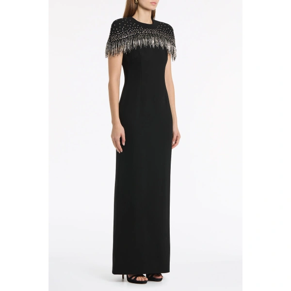 Carla Zampatti Black Crepe Fringe Cape Gown | Evening Gowns | Coveti