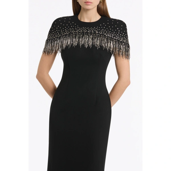 Carla Zampatti Black Crepe Fringe Cape Gown | Evening Gowns | Coveti