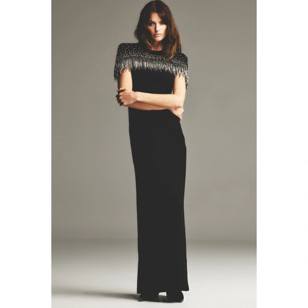 Carla Zampatti Black Crepe Fringe Cape Gown | Evening Gowns | Coveti