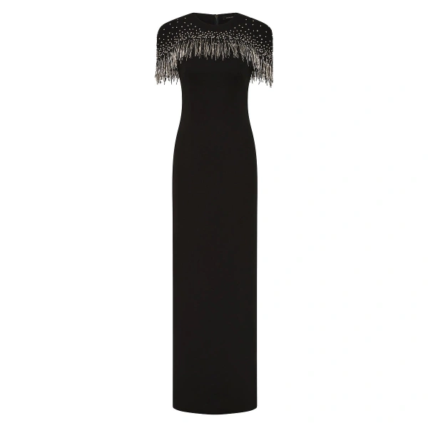 Black Crepe Fringe Cape Gown