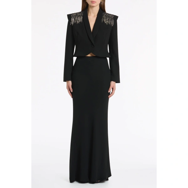 Carla Zampatti Black Crepe Fringe Cropped Jacket | Blazers | Coveti