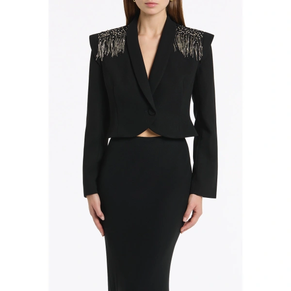 Carla Zampatti Black Crepe Fringe Cropped Jacket | Blazers | Coveti
