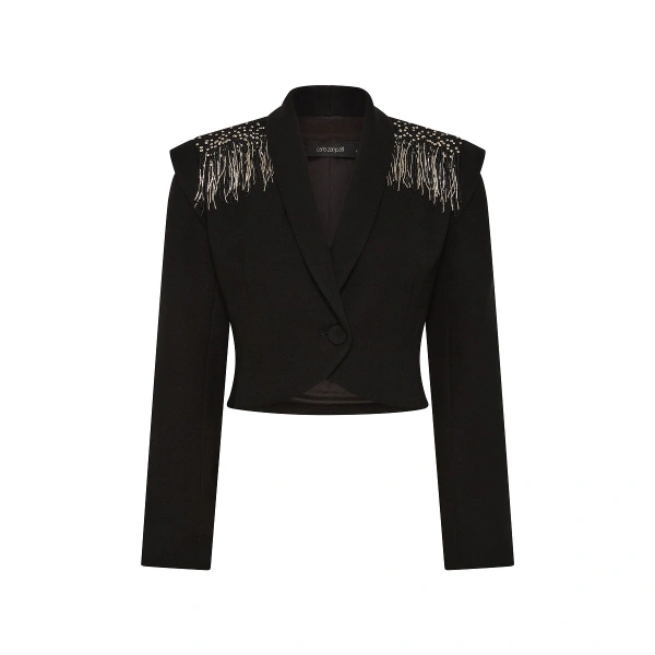 Carla Zampatti Black Crepe Fringe Cropped Jacket | Blazers | Coveti