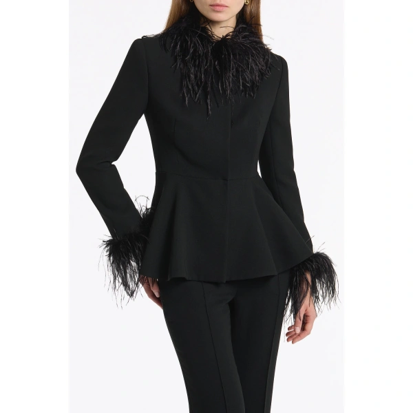 Carla Zampatti Black Crepe Peplum Feather Jacket | Blazers | Coveti