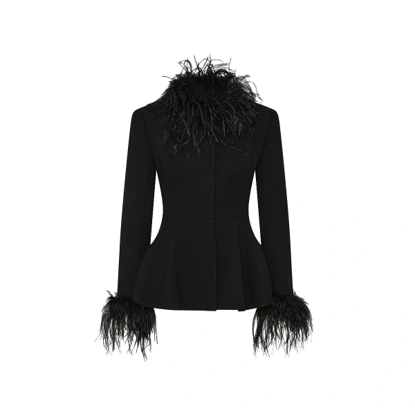 Black Crepe Peplum Feather Jacket