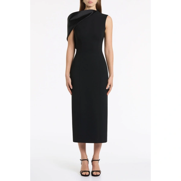 Carla Zampatti Black Crepe Sculpted One Shoulder Midi Dress | Midi Dresses | Coveti