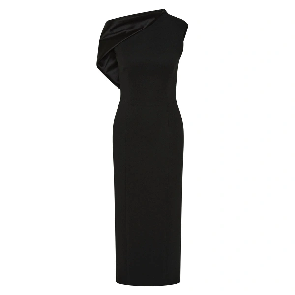 Black Crepe Sculpted One Shoulder Midi Dress