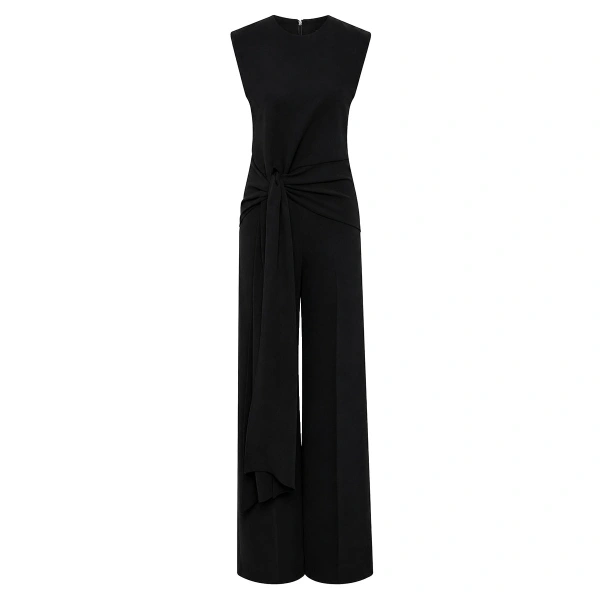 Black Crepe Waisted Tie Front Jumpsuit